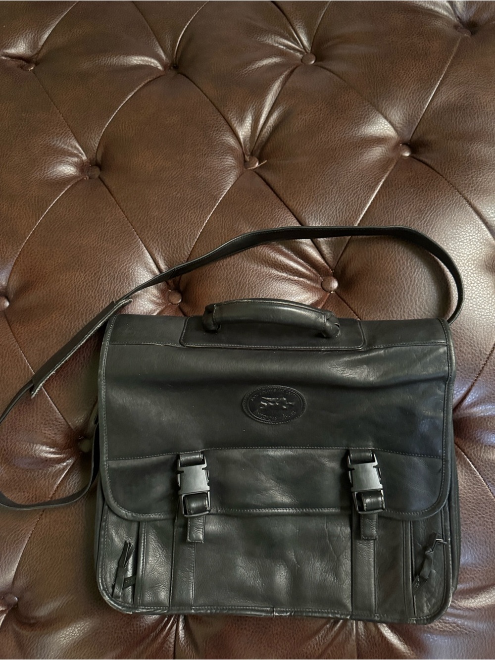 Black Leather Messenger Bag with Top Handle, Adjustable Strap and Depth